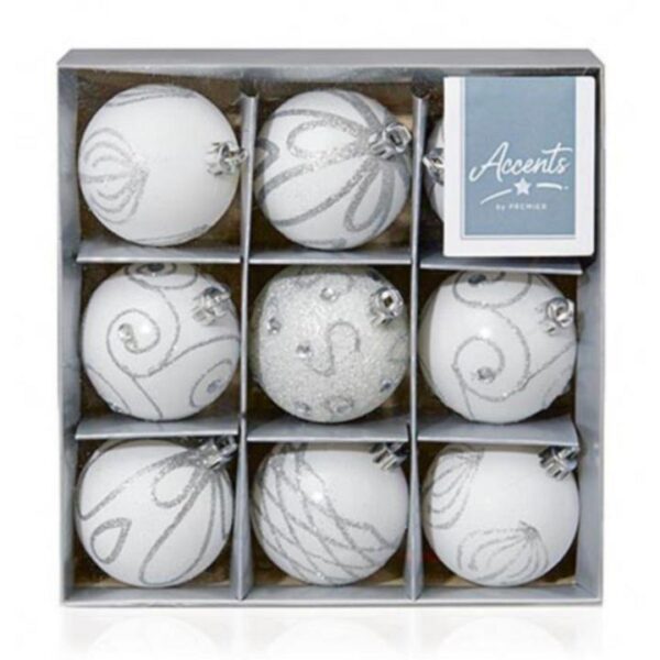 White Decorated Bauble Christmas Tree Decorations 60mm Pack x9 Assorted