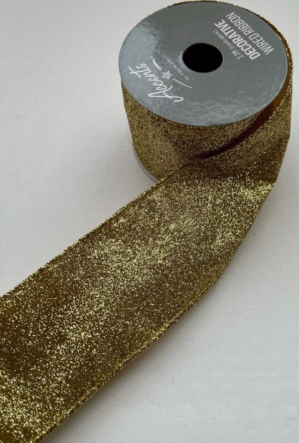 3 Rolls 'Gold Glittered' Fabric Wire Edge Christmas Ribbon 60mm Wide - Christmas - 2.7m x 60mm