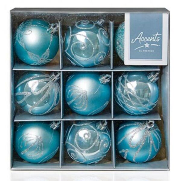 Ice Blue Decorated Bauble Christmas Tree Decorations 60mm Pack x9 Assorted