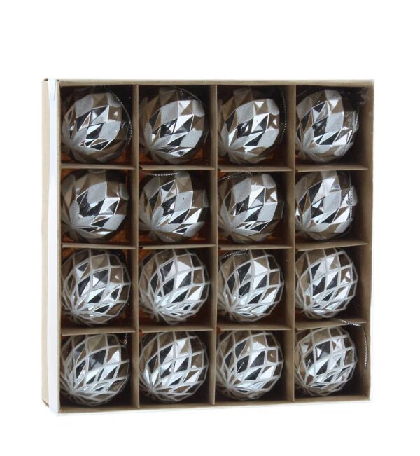 Silver/White Diamond Finish Baubles 40mm Pack x16