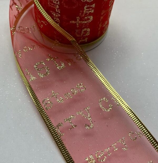3 Rolls 'Red Merry Xmas' Fabric Wire Edge Christmas Ribbon 60mm Wide - Christmas - 2.6m x 60mm