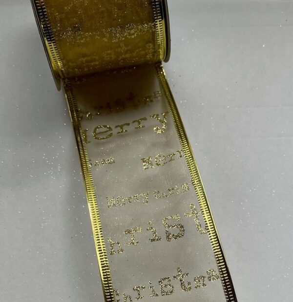 3 Rolls 'Gold Merry Xmas' Fabric Wire Edge Christmas Ribbon 60mm Wide - Christmas - 2.6m x 60mm