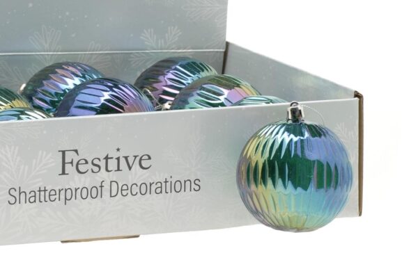 Petrol Blue Indent /Line Bauble 80mm Pack x6 Christmas Ornaments
