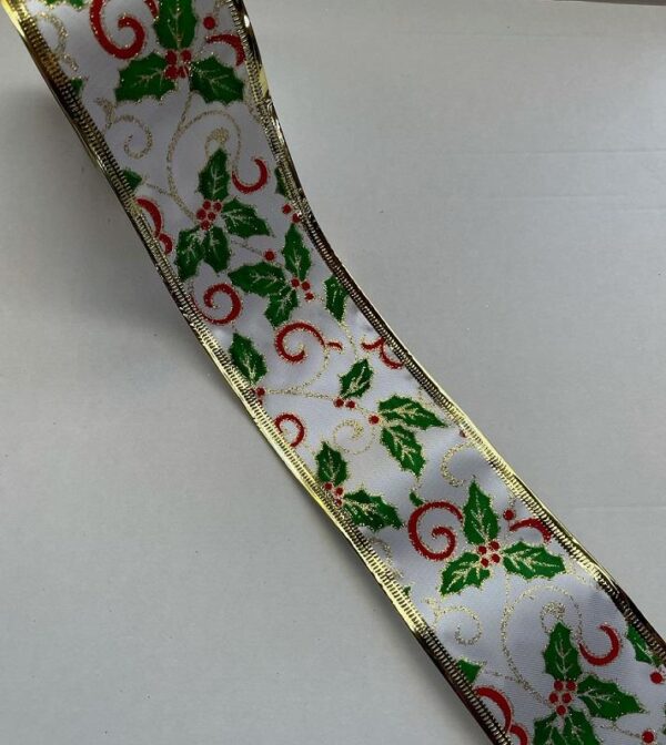 3 Rolls 'White Holly' Fabric Wire Edge Christmas Ribbon 60mm x 2.6m