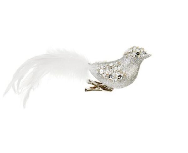 Silver Bird +White Feather Tails 20cm Christmas Ornament Pack x2