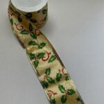 3 Rolls 'Gold Holly' Fabric Wire Edge Christmas Ribbon 60mm x 2.6m