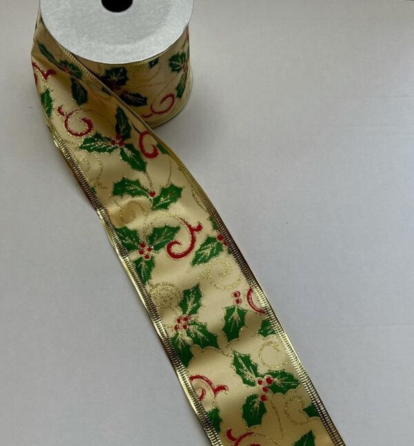 3 Rolls 'Gold Holly' Fabric Wire Edge Christmas Ribbon 60mm x 2.6m