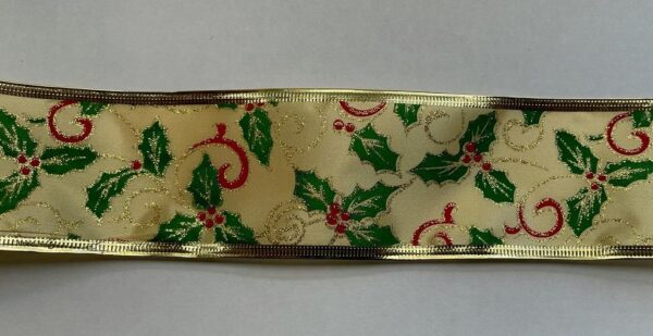 3 Rolls 'Gold Holly' Fabric Wire Edge Christmas Ribbon 60mm x 2.6m