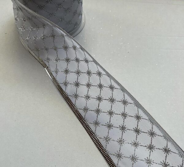 3 Rolls 'Silver Stars & Lines' Fabric Wire Edge Christmas Ribbon 60mm x 2.6m