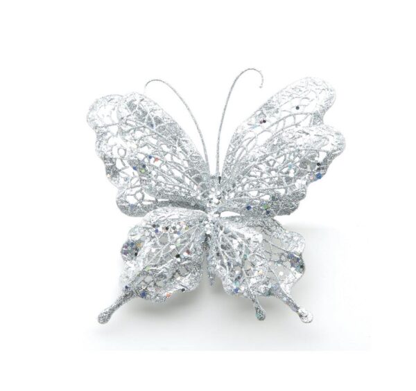 Butterfly Clip-On Silver Christmas Decoration 15cm Pack x4