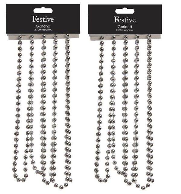 Silver Bead Chain Garland 8mm Pack 2 Garlands x2.7m Length Christmas