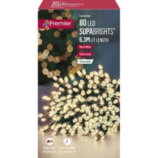 80 LED Supabrights Christmas Lights + Timer Multi-Action Warm White Premier