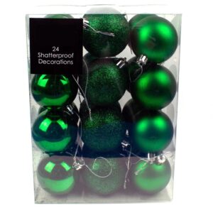 Pack 24 x 80mm Rich Green Assortment Baubles Christmas Tree Decorations