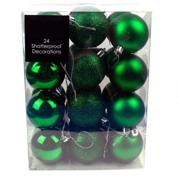 Pack 24 x 80mm Rich Green Assortment Baubles Christmas Tree Decorations