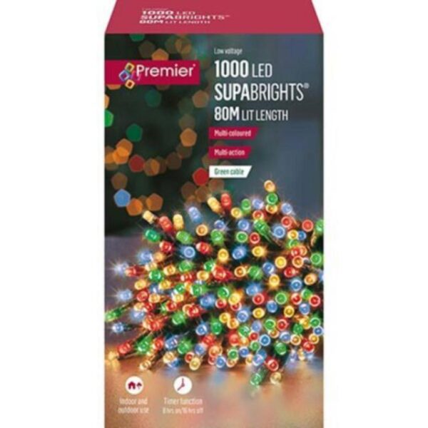 1000 Multi-Colour LED Supabrights Christmas Fairy Lights + Timer Indoor / Outdoor Use