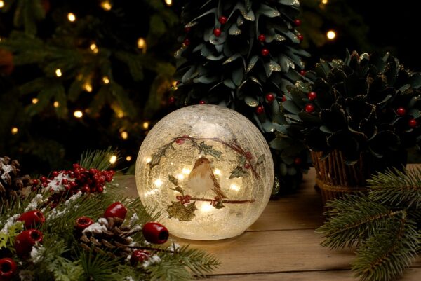 Festive Lit Crackle Effect Robin Ball 20cm