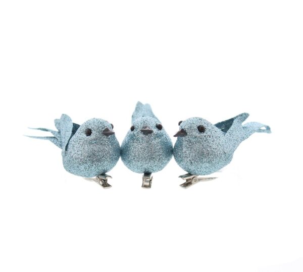 Ice Blue Glitter Clip On Robin/Bird Christmas Decorations 9cm Pack x3