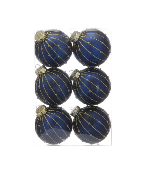 Navy/Gold Glitter Line Bauble Christmas Tree Decorations 80mm Pack x6