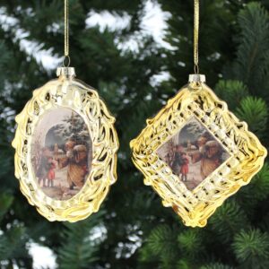 Gold Glass Photo Frame Christmas Tree Decorations 13cm Pack x2 Assorted