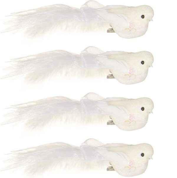 Pack x 4 White Feather Clip On Birds Christmas Decoration 12cm