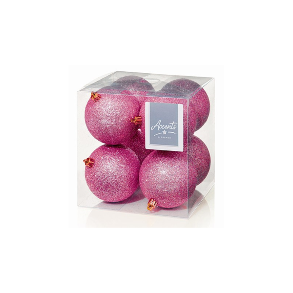 Pink Glitter Bauble Christmas Tree Decorations 80mm Pack x8