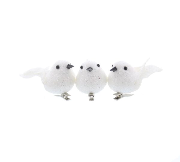 White Glitter Clip On Robin/Bird Christmas Decorations 9cm Pack x3