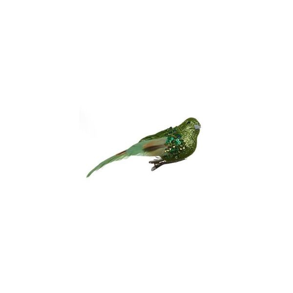 Green Glitter/Bead Bird + Feather 11cm Pack x2 Christmas Decoration