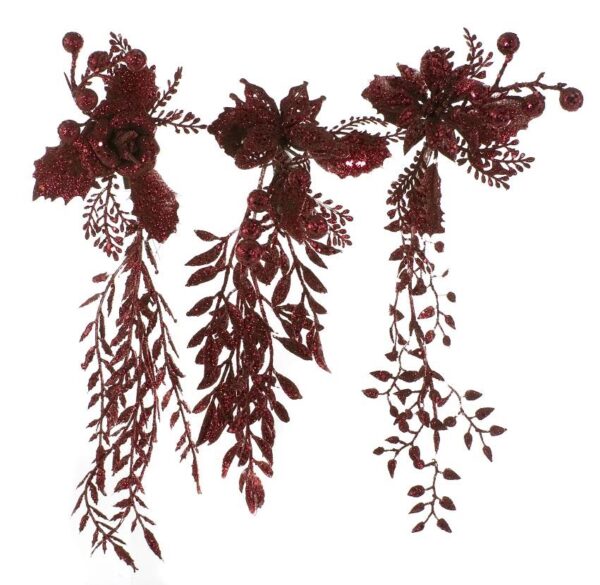 Red Glittered Clip-On Floral Picks Christmas Tree Decorations Pack x3 Assorted