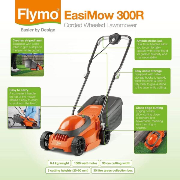 Flymo EasiMow 300R Electric Rotary Lawn Mower - 30 cm Cutting Width, 30 Litre Grass Box