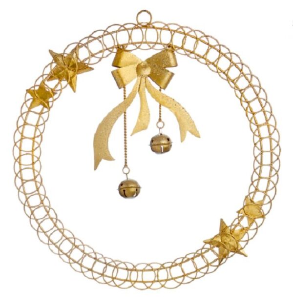 45cm Gold Metal Wreath Design Xmas Card Holder (Approx 50 Cards) Bow & Bells