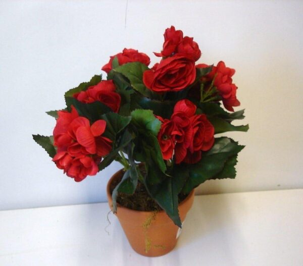 Red Begonia Bush Potted Artificial Silk Flowers Pot Plant 11in Tall