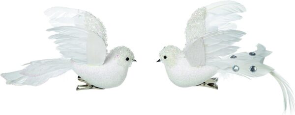 Flying Bird 15cm 'White' & Real Feather Premier Christmas Decoration Pack x2