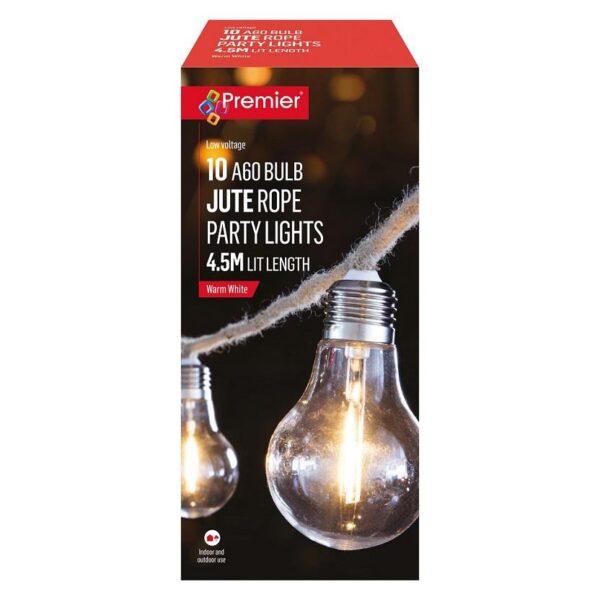 10 Bulb Jute Rope String Lights Warm White A60 Bulbs