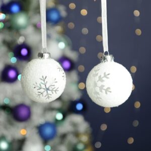 White Flocked Snowflake Balls 7cm Pack x4 Christmas Decoration