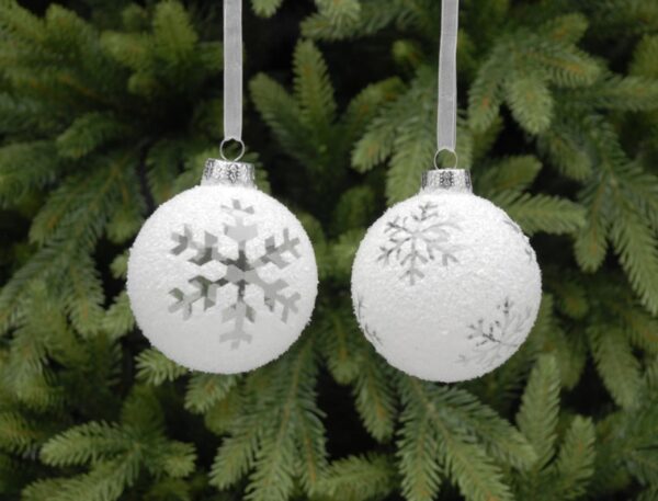 White Flocked Snowflake Balls 7cm Pack x4 Christmas Decoration