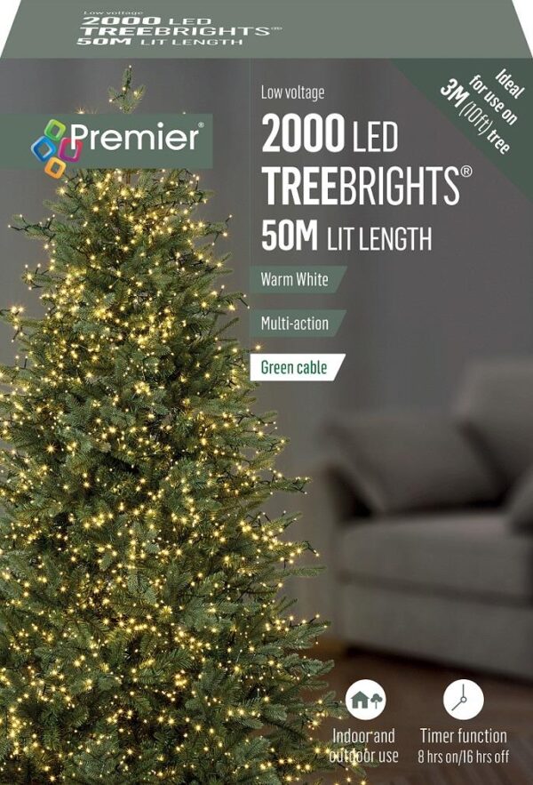 2000 Warm White Premier Treebrights Multi Action LED Christmas Tree Lights + Timer
