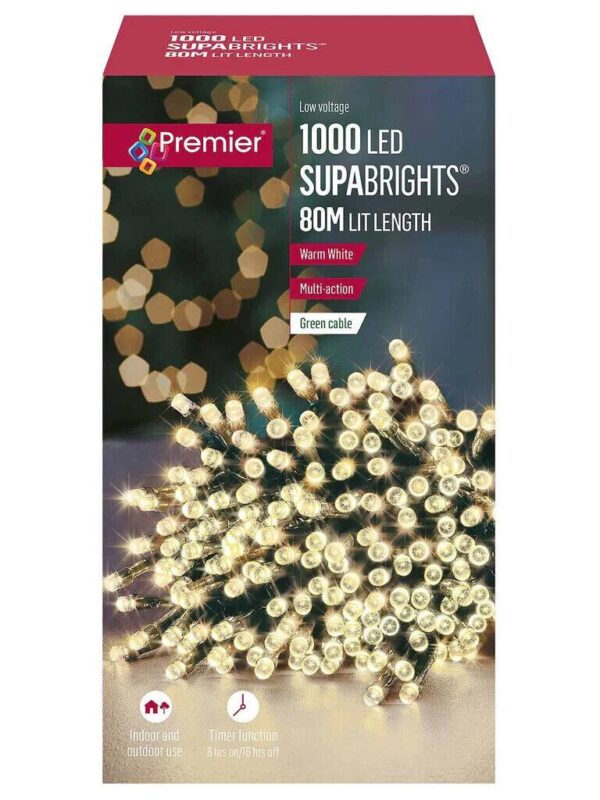 1000 LED Supabrights Christmas Lights + Timer Multi-Action Warm White Premier