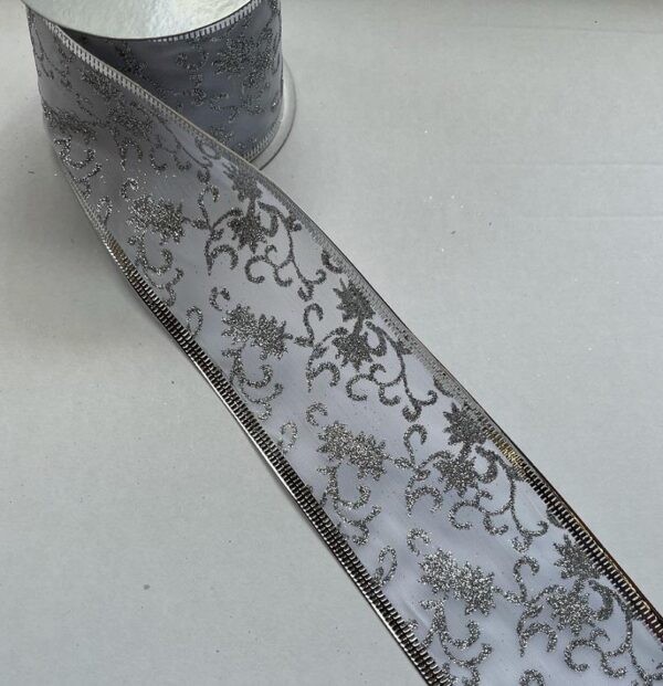 3 Rolls 'Silver Scroll/Swirl' Fabric Wire Edge Christmas Ribbon 2.6m x 60mm (7.8m Total)