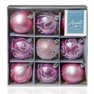 Pink Decorated Bauble Christmas Tree Decorations 60mm Pack x9 Assorted