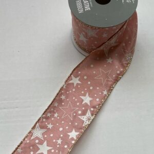 3 Rolls 'Pink Stars' Fabric Wire Edge Christmas Ribbon 2.7m x 60mm (8.1m Total)