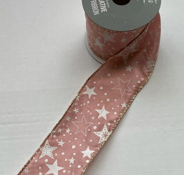 3 Rolls 'Pink Stars' Fabric Wire Edge Christmas Ribbon 2.7m x 60mm (8.1m Total)