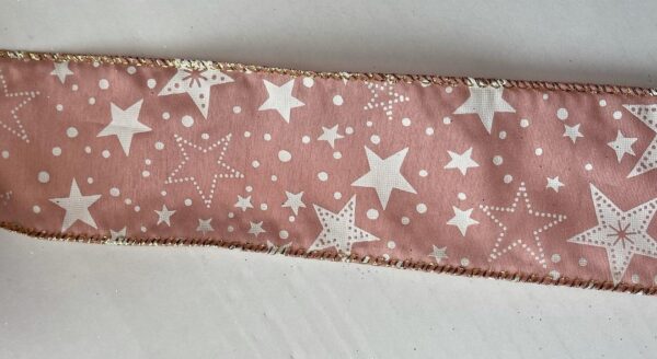 3 Rolls 'Pink Stars' Fabric Wire Edge Christmas Ribbon 2.7m x 60mm (8.1m Total)