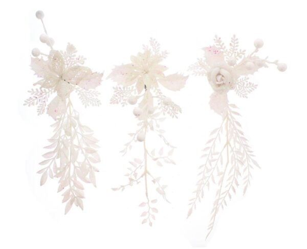 White Glittered Clip-On Floral Picks Christmas Tree Decorations Pack x3 Asstd
