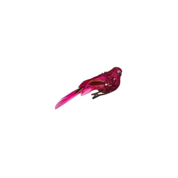 Pink Glitter/Bead Bird + Feather 11cm Pack x2 Christmas Decoration