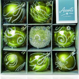 Green Decorated Bauble Christmas Tree Decorations 60mm Pack x9 Assorted