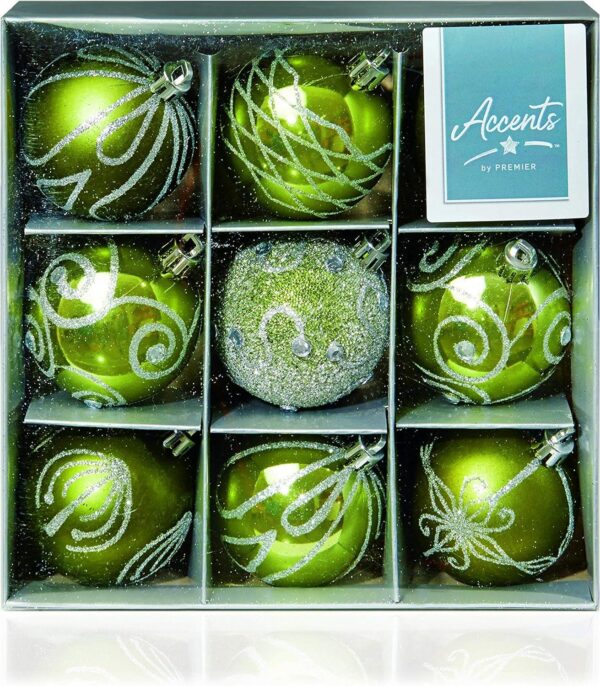 Green Decorated Bauble Christmas Tree Decorations 60mm Pack x9 Assorted