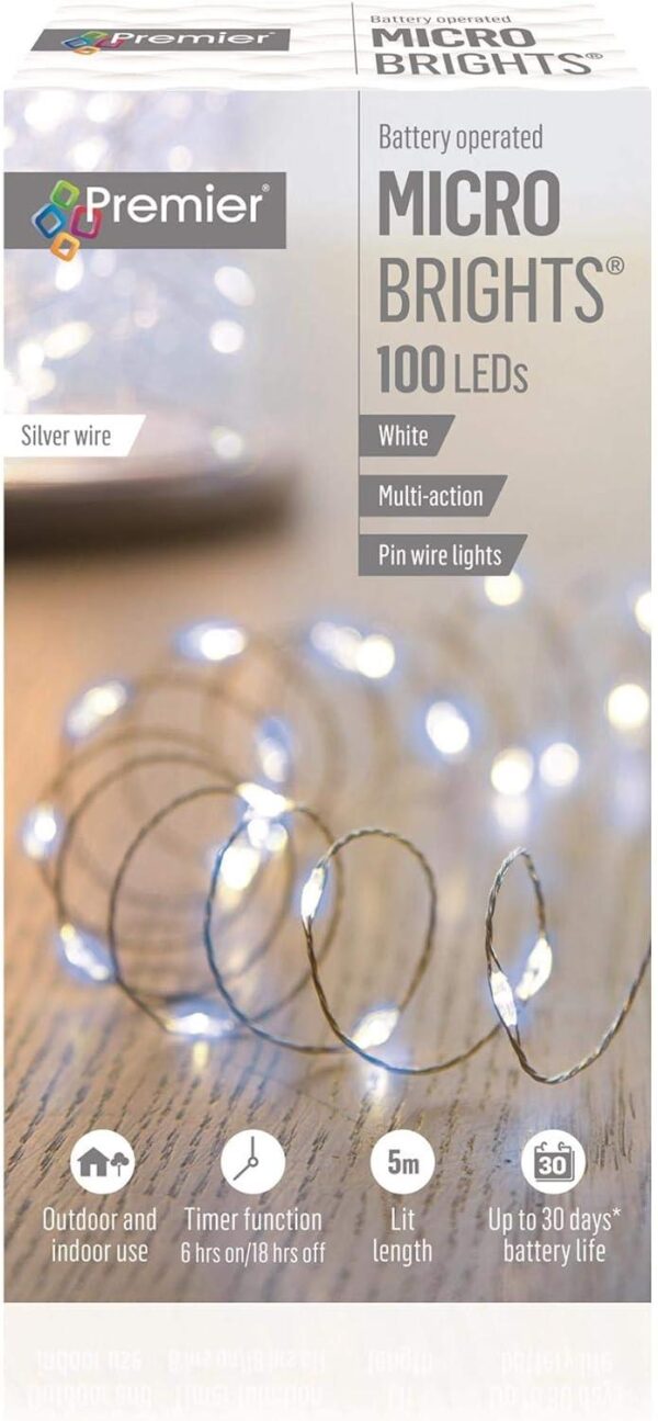 100 Micro Brights Pin Wire White Lights + Timer Premier Batt-Op