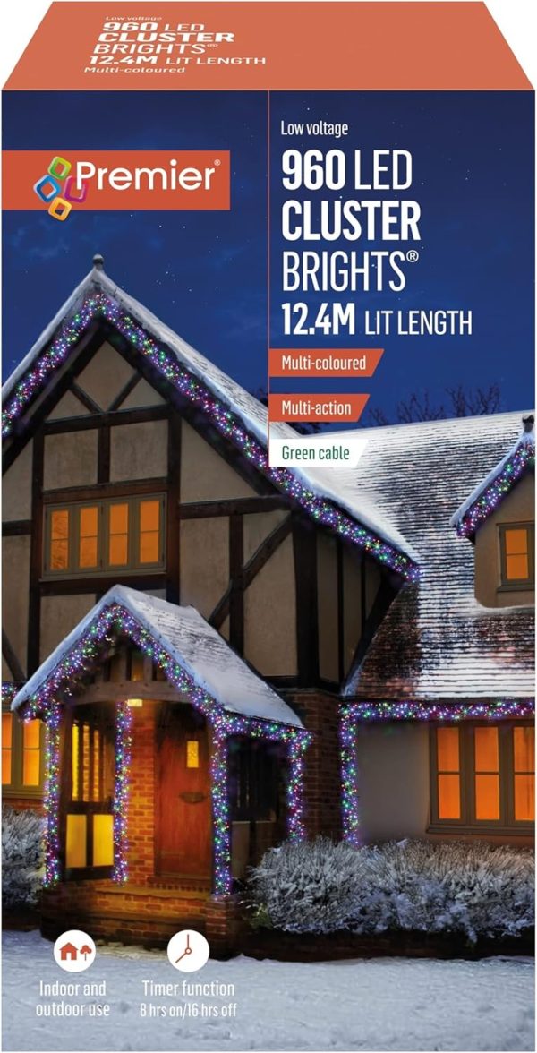 960 Multi Action Cluster LED Lights with Timer Multi-Colour Premier Decorations