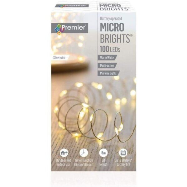 100 Micro Brights Pin Wire Warm White Lights + Timer Batt-Op Premier