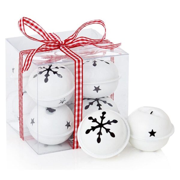 Pack x 8 Snowflake Design Jingle Bells WHITE Christmas Decorations 4cm